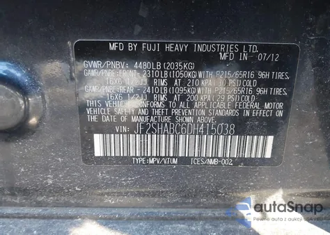 2013 Subaru Forester 2.5X from USA, damaged, VIN JF2SHABC6DH415038